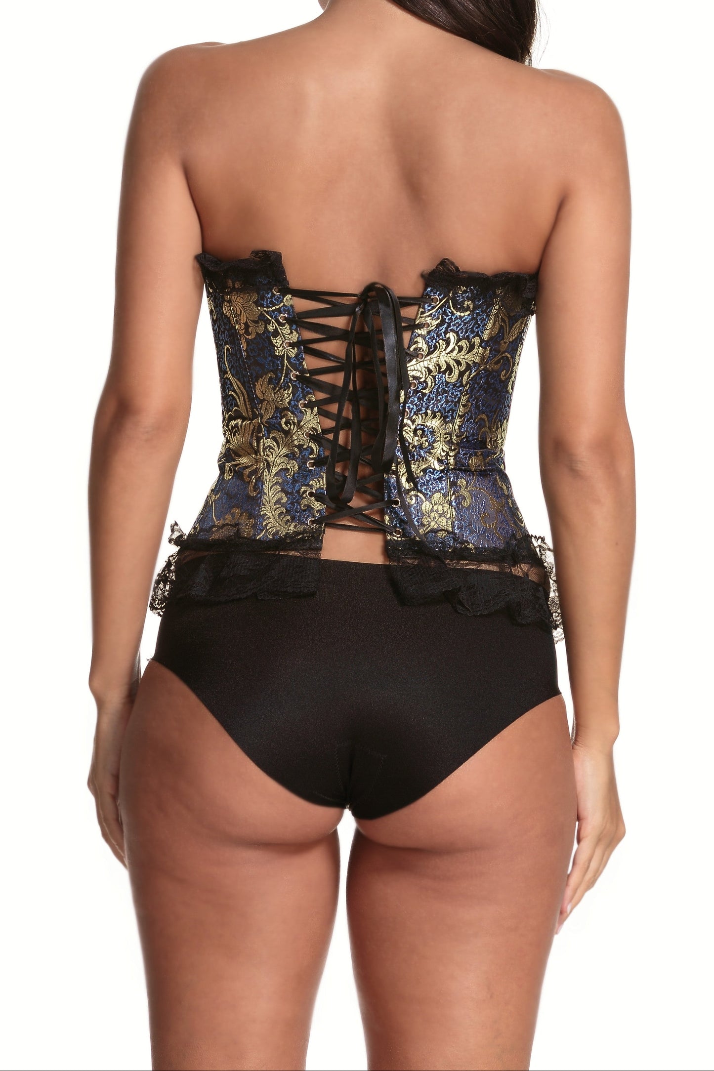 SHAPMAMA™ Lace Trim Elegant Royal Black Festive Bodysuit With High Waist And Bust Support, Sexy Corset Style
