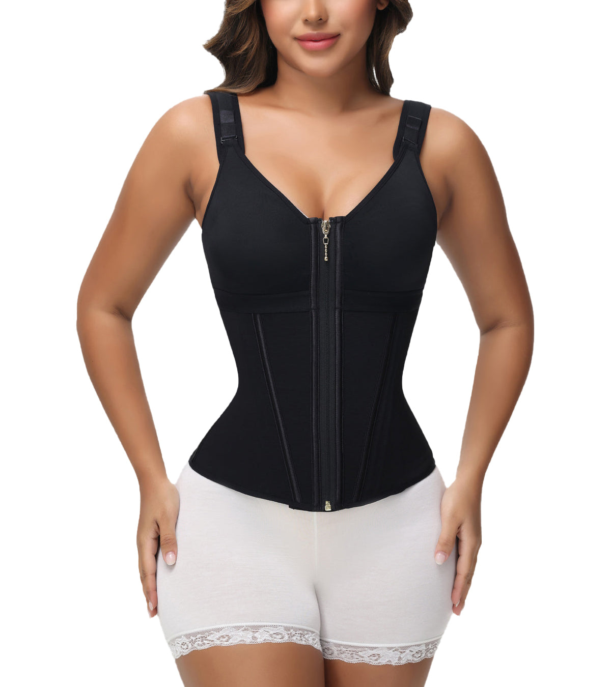 SHAPMAMA™ Women's Boned Latex Zipper Corset Tummy Control Body Shaper Vest With Bra
