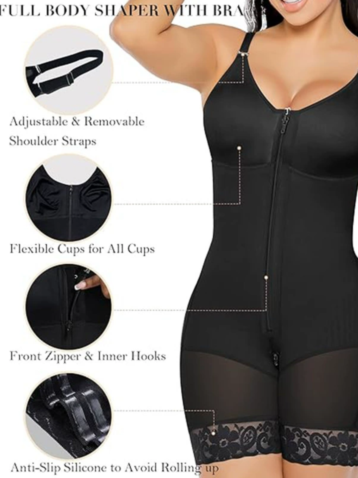 SHAPMAMA™ Women’s Fajas Colombianas shapewear Tummy Control Butt Lifter Shaper with Zipper Crotch detachable shoulder strap